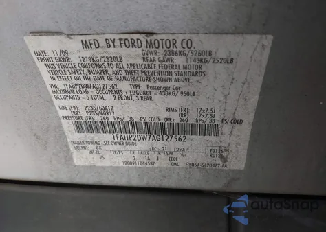 2010 Ford Taurus Se из США, поврежденный, VIN 1FAHP2DW7AG127562